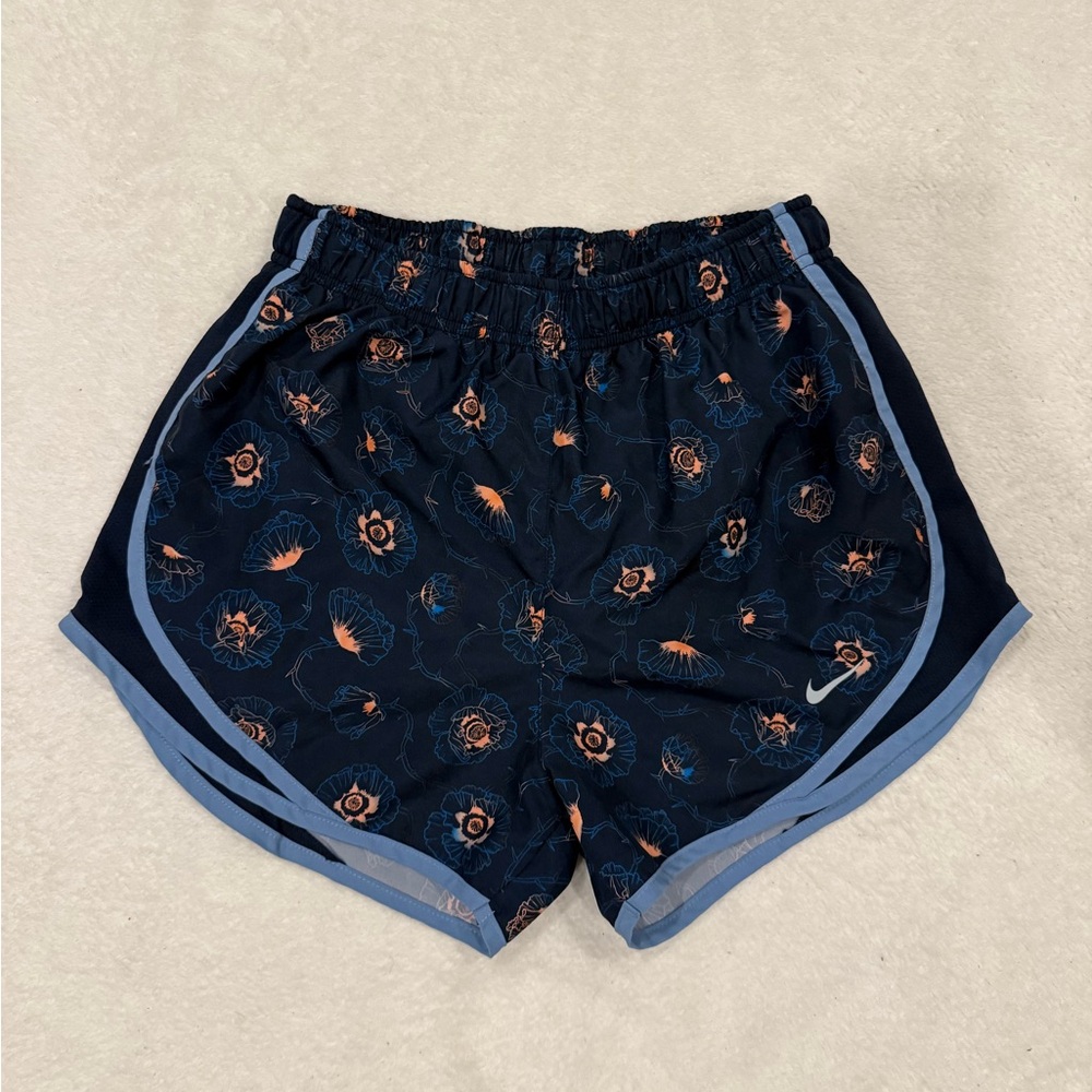 NIKE Womens Size Small Dri Fit Shorts Blue Floral Print Athletic Running